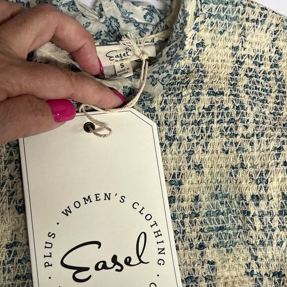 Easel Babydoll Smocked Antique Blue Cream Floral Damask Lace Trim Dress S Boho - Picture 7 of 13